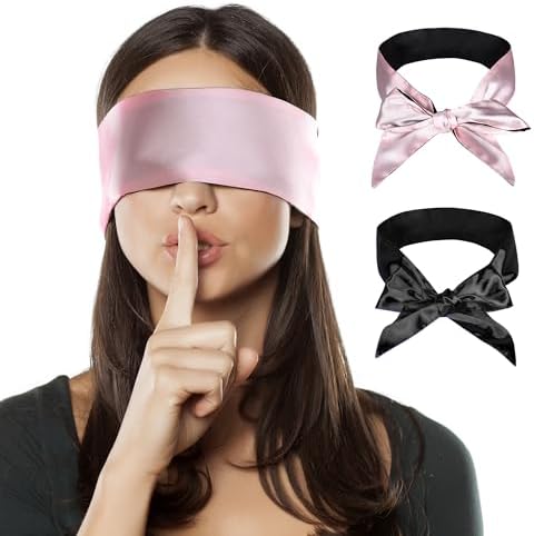 FRESHME 2pcs Satin Blind Eye Sleeping Mask - Silk Adjustable Satin Blindfold Gift Soft Eye Covers for Travel Nap Bedroom, Double Sides Pink & Black+Black 2pc Set by FRESHME