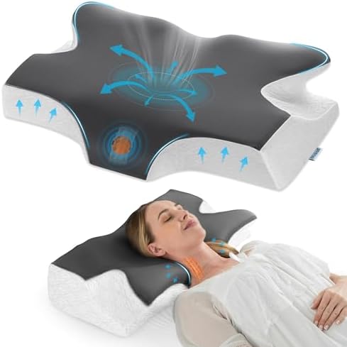 Elviros Cervical Neck Pillow for Sleeping, Memory Foam Pillow for Neck Pain Relief, Side Sleeper Cooling Pillows for Adults, Neck Support with Removable Pillowcase for Back & Stomach Sleepers by Elviros