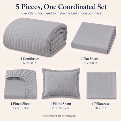 CozyLux Twin XL Comforter Set, 5 Pieces Grey Seersucker Bed in a Bag - Image 2
