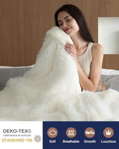 Pawque Faux Fur Sherpa Fleece Throw Blankets 50x60 Inches, Cream - Image 3