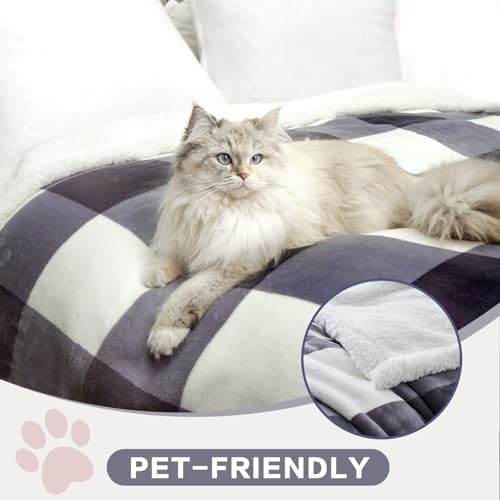 PU MEI Sherpa Blanket Fleece Throw Blanket Full Queen Plaid Thick Bed Blanket, Soft Warm Cozy Dark Grey Checkered Throw Blanket 80"*90" - Image 3