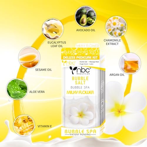 Pedicure Kit Foot Soak Set: Bubble Salt, Sugar Scrub, Massage Mask, Massage Lotion in a Box, 4 Step Foot Spa Kit for Dry Feet,Tired Feet (3 Set Milky Flower) - Image 3