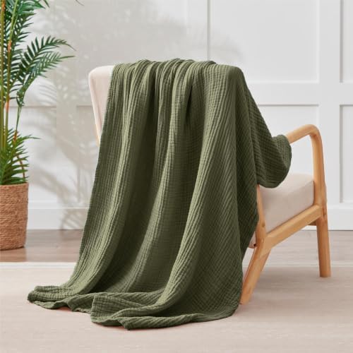 100% Cotton Muslin Blanket California King 120" x 90", 6 Layers Breathable and Lightweight Oversized Blankets for Bed, Soft Cooling Gauze Blanket for Adults All Season, Olive Green - Image 5