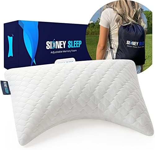 Sidney Sleep Mini Travel Size Neck Pillow - Knee, Back Lumbar and Support - Small Curved Pillow - 14 x 19 Inches - Adjustable Loft - Washable - Drawstring Backpack Included (White) by SidneySleep