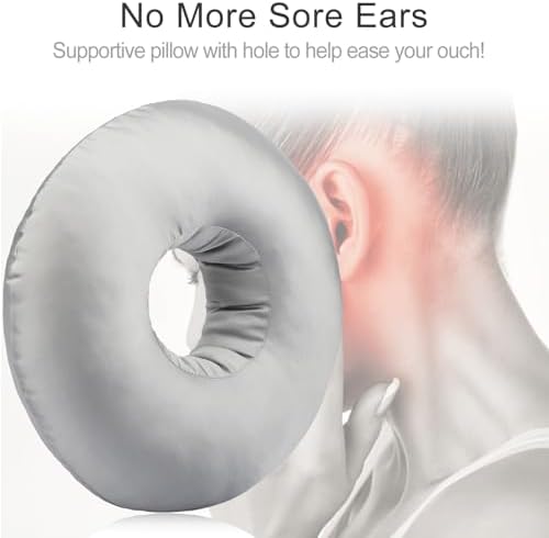 Silky Satin Piercing Pillow Ear Pillows Donut with Hole for Ear Pain CNH Piercing Pain Relief Sleeping Pressure Sore Side Sleepers Smooth Cooling Ear Guard Protector, Silver Gray - Image 2