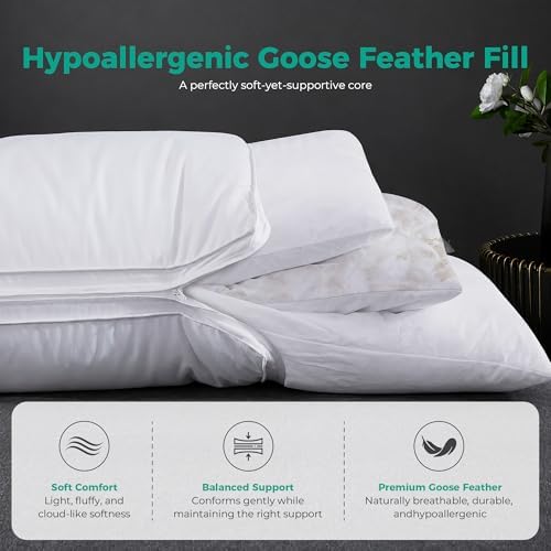 Three Geese Adjustable Layer Goose Feather Pillow,Assemblable Bed Pillow,100% Soft Organic Cotton Cover,Good for Side and Back Stomach Sleeper, Queen Size,Packaging Include 1 Pillow - Image 6