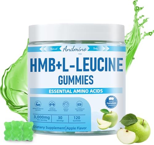 HMB and L-Leucine Gummies, 3000mg, with Trehalose, for Muscle Growth, Muscle Relief and Workout Recovery, for Adults & Elder, Vegan, Gluten Free, Apple Flavor, 120 by Unknown