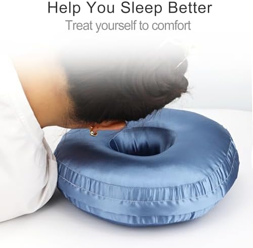 Washable Silky Satin Ear Piercing Pillow with Removable Pillowcase Smooth Cooling Donut Pillows Hole for Ear Pain Relief CNH Sleeping Pressure Sore Side Sleepers Ear Guard Protector, Haze Blue - Image 3