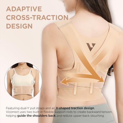 Vicorrect Adjustable Posture Corrector for Women: Invisible Under Clothes - Comfortable Back Support Bra for Upper Back Neck Shoulder Pain Relief - Ideal for Sitting Exercise Daily Wear (Beige Medium) - Image 2