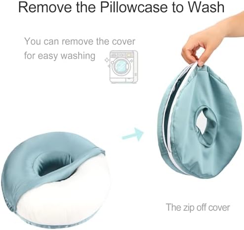 Washable Silky Satin Ear Piercing Pillow with Removable Pillowcase Smooth Cooling Donut Pillows Hole for Ear Pain Relief CNH Sleeping Pressure Sore Side Sleepers Ear Guard Protector, Turquoise - Image 2