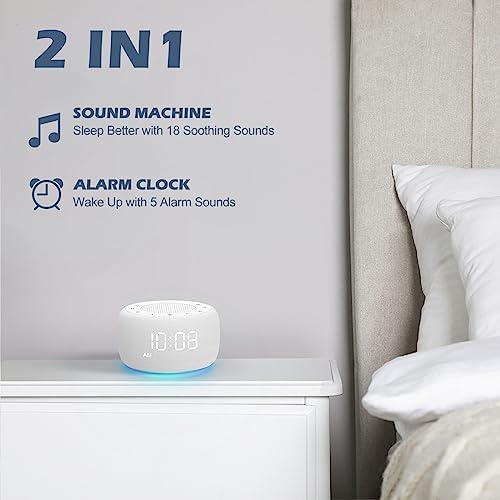 Buffbee Sound Machine & Alarm Clock 2-in-1, 0-100% Clock Face Brightness, Bottom Colored Light, Sleep Timer, Precise 30-Level Volume Control White Noise Machine - White - Image 2