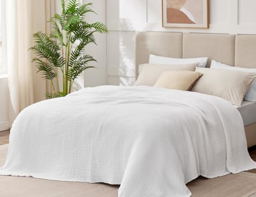 100% Cotton Muslin Blanket Queen 90" x 90", 6 Layers Breathable and Lightweight Cotton Throw Blanket for Bed, Soft Quilt Bedspread Coverlet, Gauze Blanket for Adults All Season, White - Image 2
