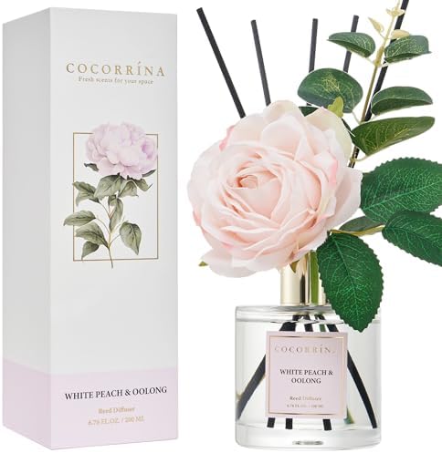Cocorrína Flower Reed Diffuser - White Peach& Oolong 6.7oz Scented Diffuser with Sticks Home Fragrance Essential Oil for Bathroom Shelf Decor (Artificial Flower) by COCORR%C3%8DNA