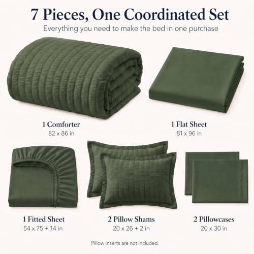 CozyLux Full Comforter Sets, 7 Pieces Olive Green Seersucker Bed in a Bag - Image 2