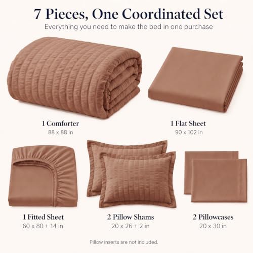 CozyLux Queen Comforter Set, 7 Pieces Mocha Mousse Seersucker Bed in a Bag - Image 2