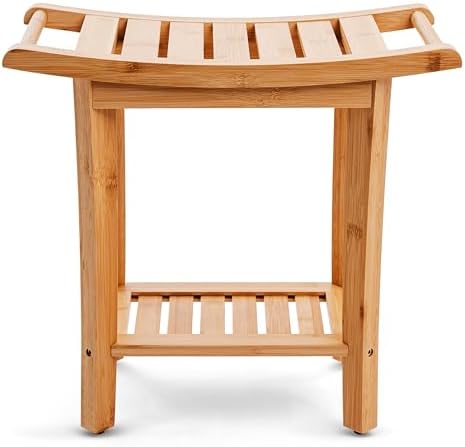 Bamboo Shower Bench with Handles and Shelf – Waterproof Stool for Inside Shower, Bathroom Foot Rest, Shaving Seat, Bamboo Shower Chair for Adults by TeakShowerBench