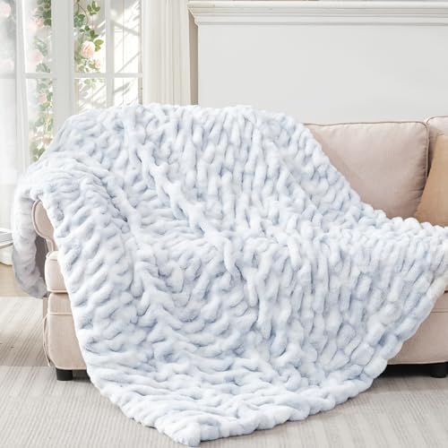 Touchat Ruched Rabbit Faux Fur Throw Blanket,Fluffy Soft Cozy,Tie-dye Blue - Image 6