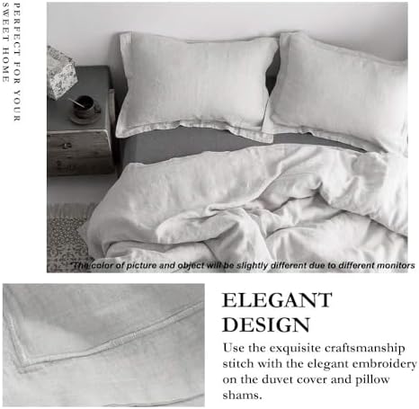 Simple&Opulence 100% Linen Duvet Cover Set with Embroidery Border Washed - 3 Pieces (1 Duvet Cover with 2 Pillow Shams) with Button Closure Soft Breathable Farmhouse - Light Grey, Queen Size - Image 2