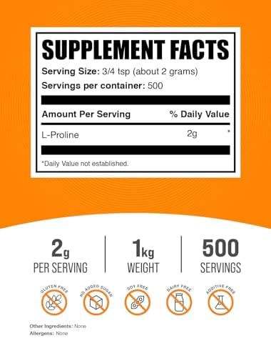 BulkSupplements.com L-Proline Powder - Proline Supplements, Amino Acid Powder - Unflavored & Gluten Free, 2g per Serving, 1kg (2.2 lbs) (Pack of 1) - Image 2