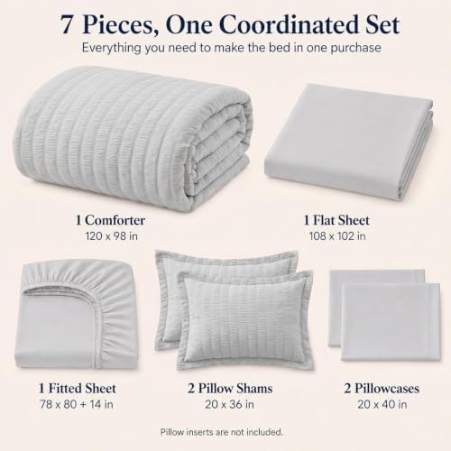 CozyLux Oversized King Comforter Set 120x98, 7-Piece Light Grey Seersucker - Image 2