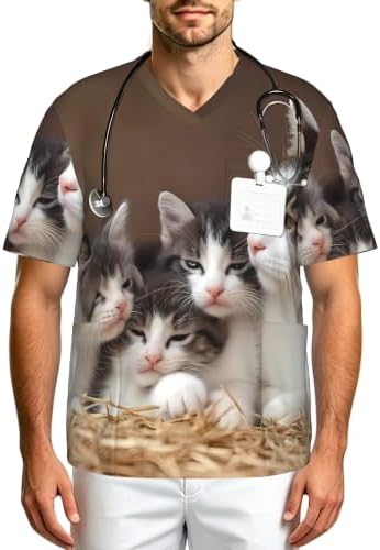 Men's Scrub Top,V-Neck Spill Wrinkle Resistant,3 Pockets-Cat Family by Unknown