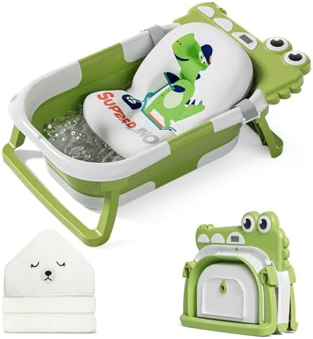 MoreFeel Collapsible Baby Bathtub for Newborn with Thermometer & 1 Hooded Towel & 1 Soft Floating Cushion,Portable Travel Bathtub with Drain Hole, Durable Foldable Baby Tubs for Infants to Toddler by Morefeel