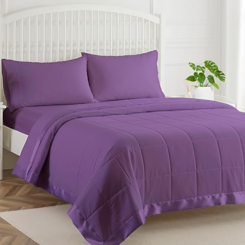 COMFLIVE Queen Down Alternative Blanket - Lightweight Satin Trim, Purple by COMFLIVE