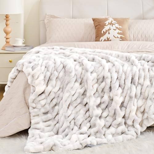 Touchat Ruched Faux Fur Blanket Twin,Fluffy Soft Cozy Blanket,Tie-dye Grey - Image 5