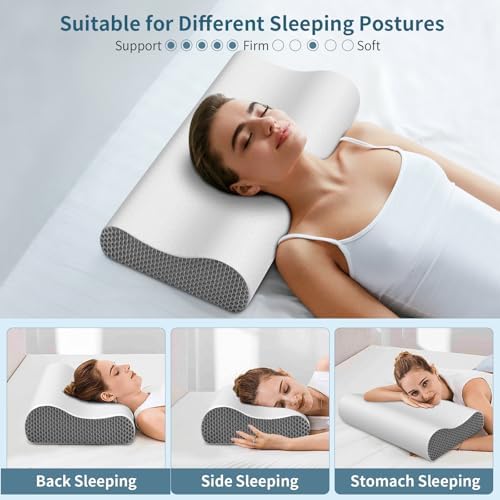 Cervical Neck Pillow for Pain Relief, Contour Memory Foam Pillows Ergonomic Pillow for Sleeping Bed Pillow Neck Support with Cooling Pillowcase Orthopedic Pillow for Side Back Sleepers(Light Grey) - Image 7