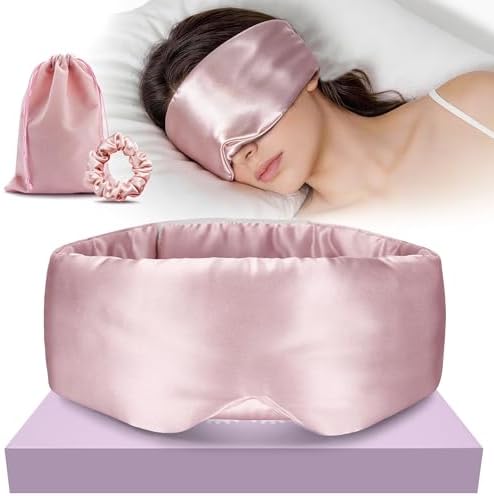 Silk Sleep Mask 22 Momme 100% Mulberry Silk & 3.5cm Silk Hairband Set for Side Sleeper Women Men,Light Blocking Nose Pad, Adjustable Silent Strap,Eye Mask fo Home & Travel Use (Pink) by NUOJIA
