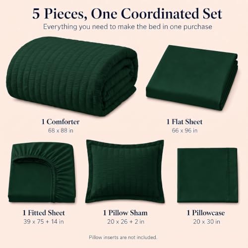 CozyLux Twin Comforter Set, 5 Pieces Emerald Green Seersucker Bed in a Bag - Image 2