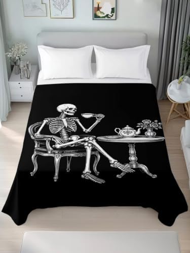 Halloween Twin Flat Sheet Skeleton Sitting Tea Time Flat Sheets Only Soft Bedding Top Sheets Luxury Hotel Quality Tea Cup Funny Skull Twin Bed Sheet for All Season Bedroom Dorm Halloween Decor - Image 4