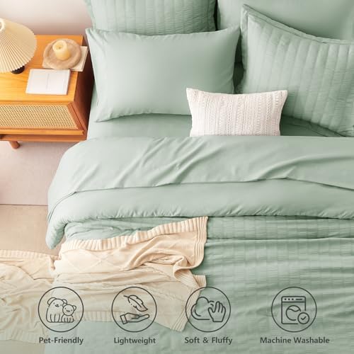 CozyLux Full Size Comforter Set 7 Pieces Sage Green Seersucker Bed in a Bag - Image 2