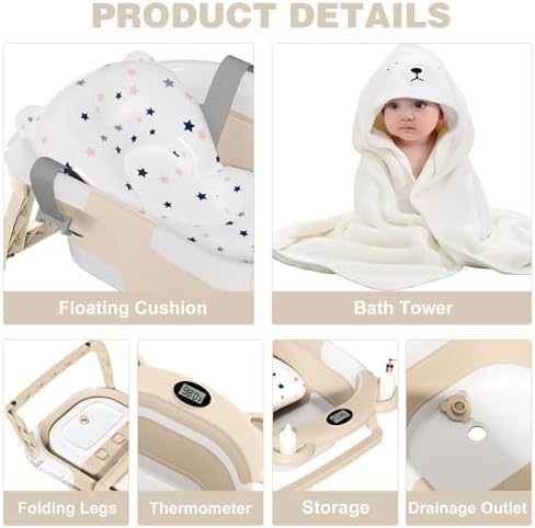 MoreFeel Collapsible Baby Bathtub for Newborn with Thermometer & 1 Hooded Towel & 1 Soft Floating Cushion,Portable Travel Bathtub with Drain Hole, Durable Foldable Baby Tubs for Infants to Toddler - Image 5