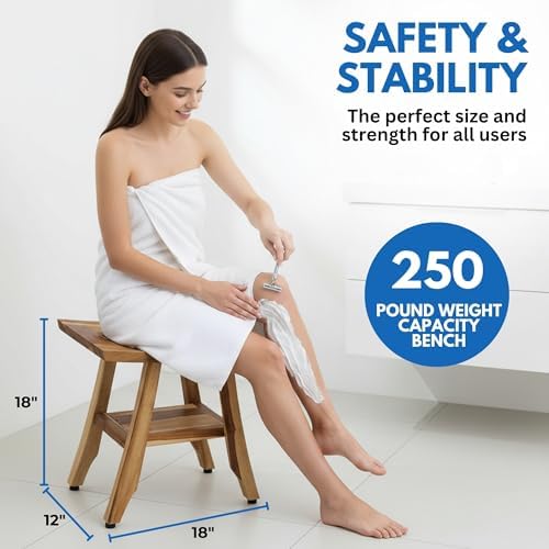 EcoDecors Satori 18-Inch Compact Teak Shower Bench with Shelf - Image 3