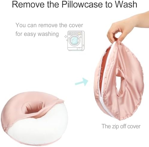 Washable Silky Satin Ear Piercing Pillow with Removable Pillowcase Smooth Cooling Donut Pillows Hole for Ear Pain Relief CNH Sleeping Pressure Sore Side Sleepers Ear Guard Protector, Coral - Image 2