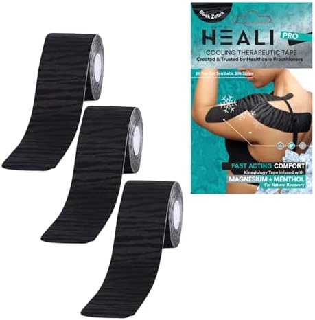 Heali Kinesiology Tape 3 Pack, Magnesium & Menthol Infused, Elastic Sports Tape, Shoulder, Knee, Elbow, Ankle, Waterproof, Latex Free, Muscle Recovery, K Tape, Black Zebra by HEALIMEDICAL
