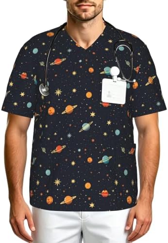Men's Scrub Top,V-Neck Spill Wrinkle Resistant,3 Pockets-Space Planets (1) by Unknown
