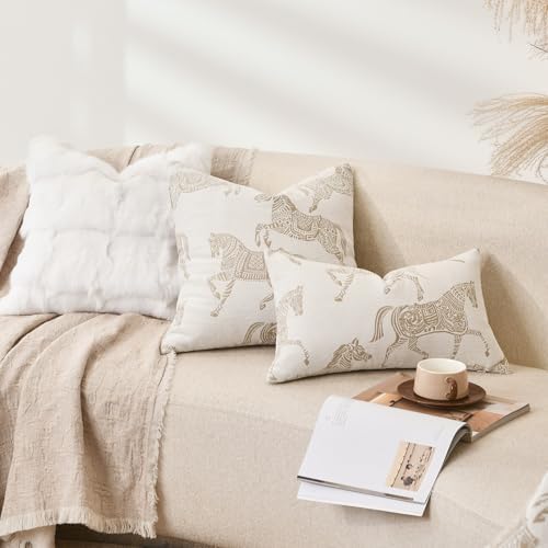 Equestrian Style Throw Pillow Cushion Cover 22x22 inch, Double Sided Beige Horse Pattern Chenille Jacquard Embroidered Pillow Covers for Sofa Couch Bed Living Room Bedroom - Image 6