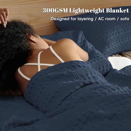 PHF Lightweight 100% Cotton Waffle Blanket, Oversized King, Indigo - Image 2