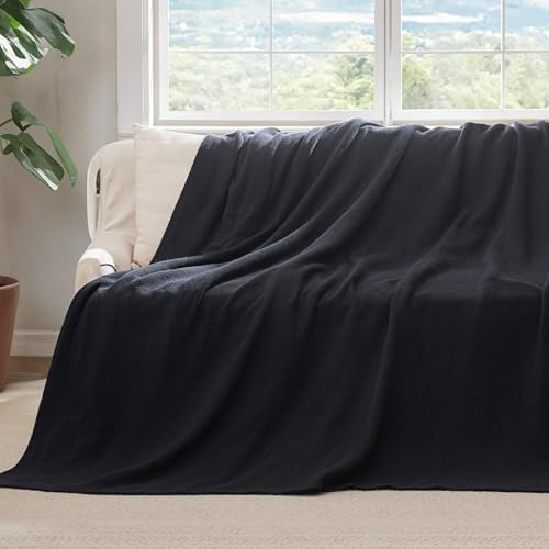 Bedsure 100% Cotton Blanket, Herringbone Weave, Full, Black - Image 5