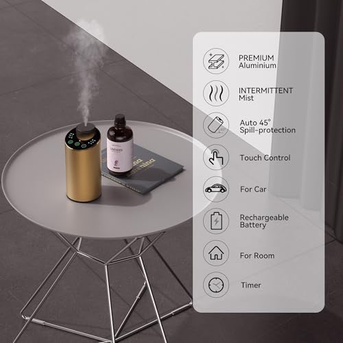 Waterless Essential Oil Diffuser Scent Aromatherapy Diffusers for Home, Car, Aluminum Alloy Battery Operated Cordless Air Freshener, 4 Timers & 3 Mist Levels, 5/10/20ml Capacity (Gold) - Image 2
