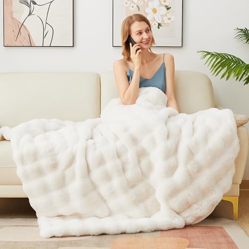 Latepis Beige Twin Bubble Cozy Faux Fur Blankets for Bed Thick Fuzzy Blanket for Couch Sofa Bedroom Warm Plush Blankets for All Seasons Ideal Gifts Luxury Throw Blanket 60x80 Inch, 860gsm - Image 6