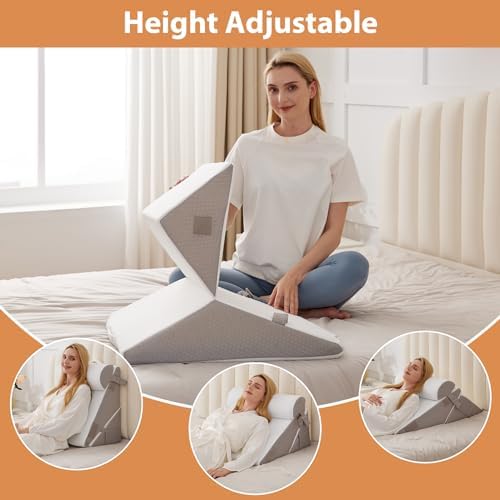 BIEEZZK Wedge Pillow Set for After Surgery, Wedge Pillow for Acid Reflux, Bed Wedge Pillow with Adjustable 9&12inch for Headboard,Sleeping, Orthopedic Memory Foam for Neck&Back Support, White/Grey - Image 6