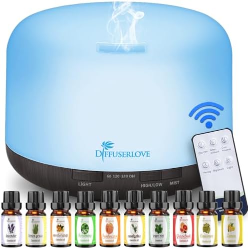 Diffuserlove Essential Oil Diffuser 500ML Aromatherapy Diffuser Mist Humidifiers 7 Color LED Lights Diffusers for Home Office Bedroom (Size:6.7" L x 6.7" W x 4.7" H) by Diffuserlove