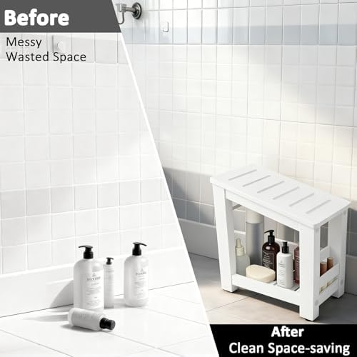 White Bamboo Shower Foot Rest for Shaving Legs, Water-Resistant Pedicure Foot Stool with Lower Storage Shelf, Compact Bathroom Shaving Step for Shower and Bath - Image 5