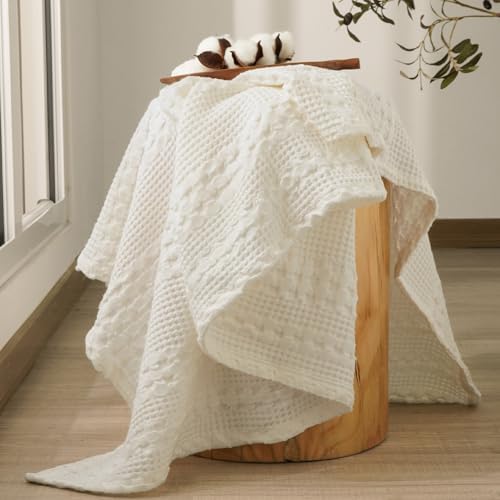 PHF Lightweight 100% Cotton Waffle Throw Blanket for Couch, Ivory - Image 4
