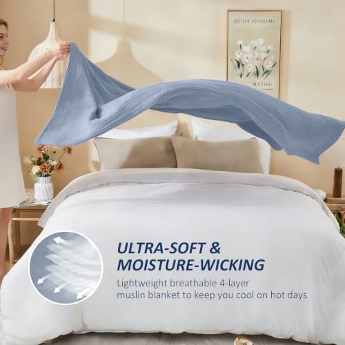 EMME Cotton Muslin Large Throw Blanket Couch Breathable Gauze Soft Lightweight Bed Blankets Adults (Heather Dusty Blue, 50"x70") - Image 6