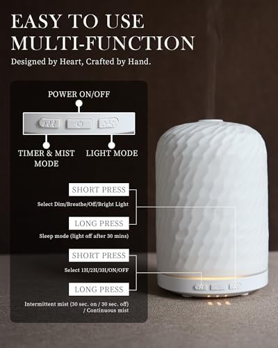 Essential Oil Diffuser - 2.4 MHz Ultrasonic Ceramic Diffuser with Pulse/Continuous Mist & 3 Night Light Modes, Waterless Auto-Off, Silent Aromatherapy Diffuser for Home, Office, Gifting & Home Decor - Image 3
