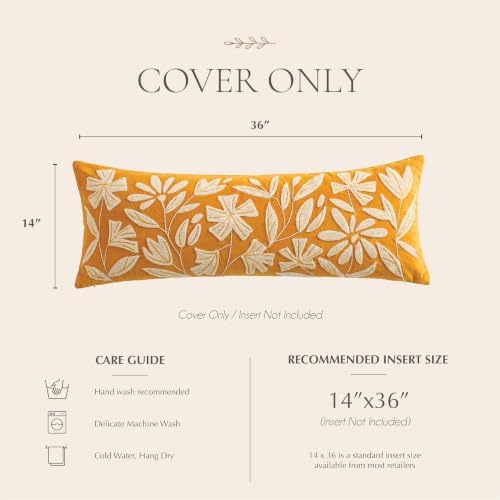 BlissBlush Long Lumbar Pillow Cover 14x36 for Bed, Mustard Floral Tufted Velvet Accent Oversize Throw Pillowcase for Bedroom, Cover Only - Image 6